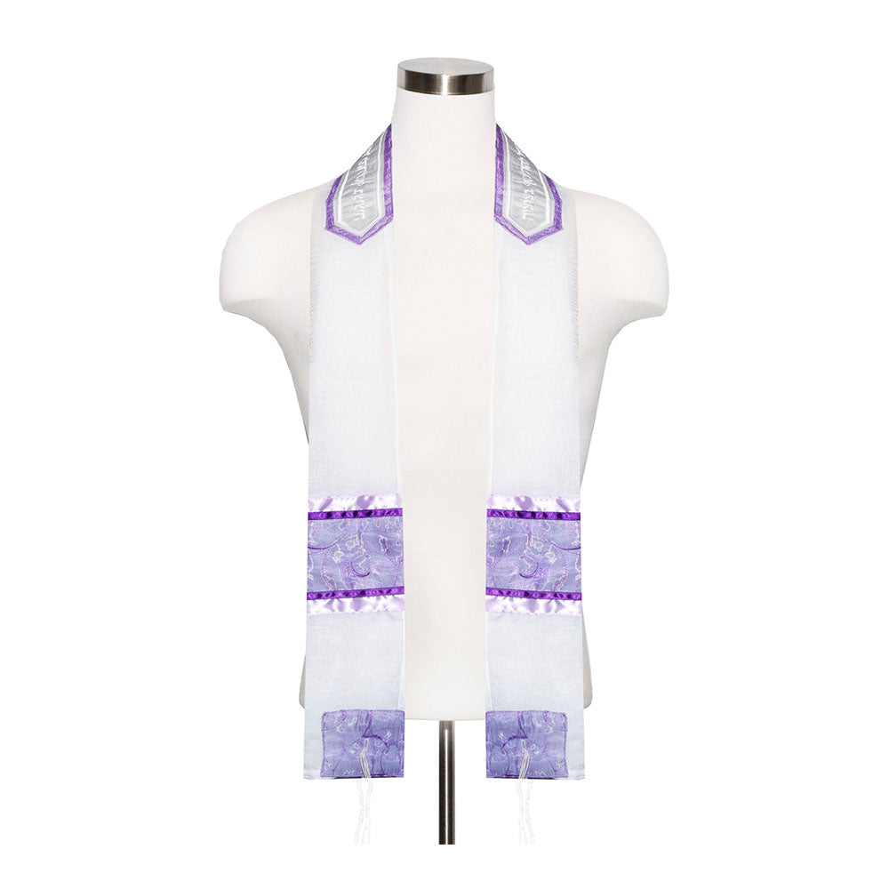 White Chiffon with Purple and Lavender Ribbons Tallit Set