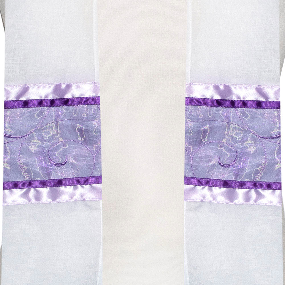White Chiffon with Purple and Lavender Ribbons Tallit Set