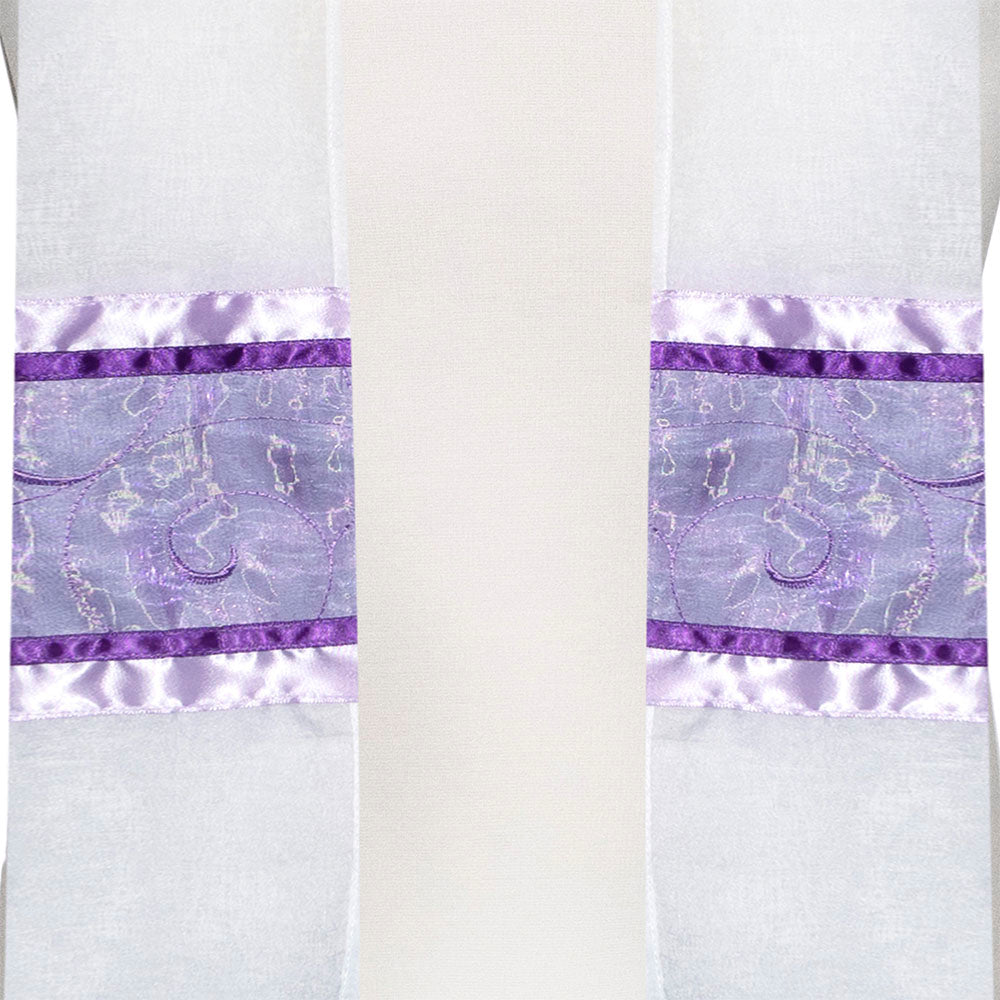 White Chiffon with Purple and Lavender Ribbons Tallit Set