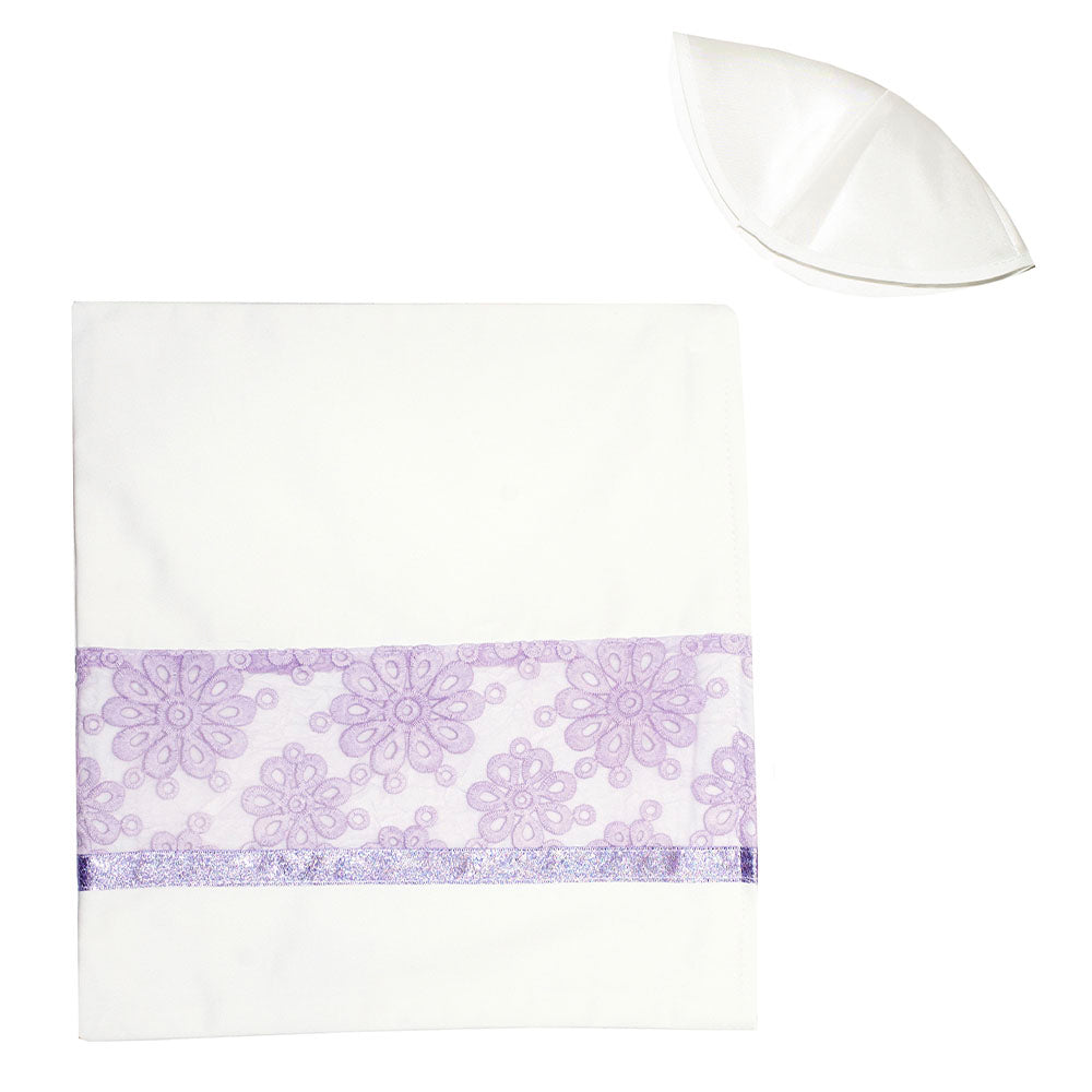 Sheer Ivory with Purple Flower Lace Tallit Set