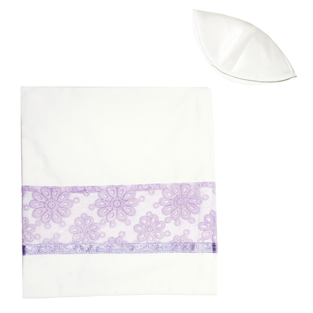 Tallit Set Sheer Ivory with Purple Flower Lace