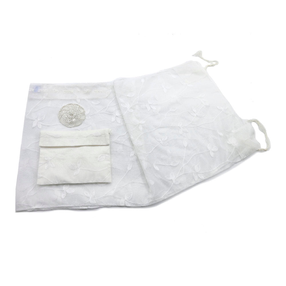 Tallit Set- Alaska (Sheer White with Vine Leaf)