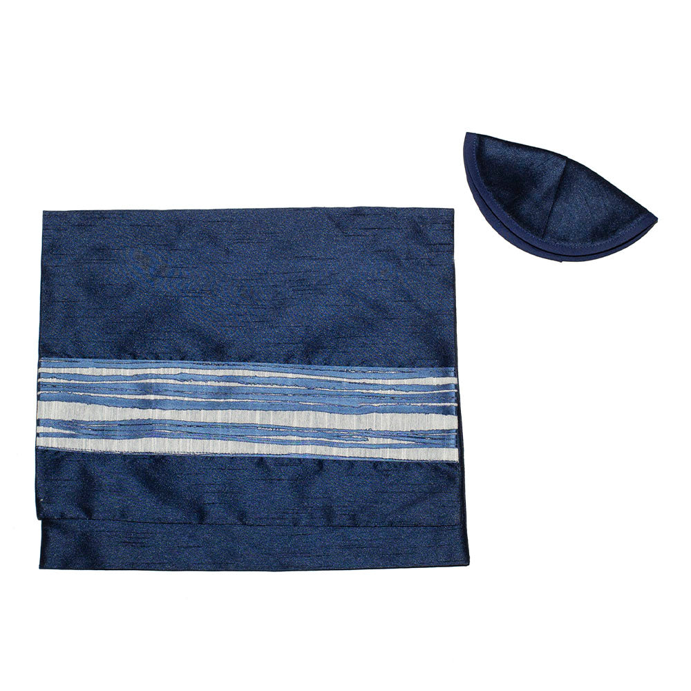 Ivory with Navy Wave Ribbons Tallit Set