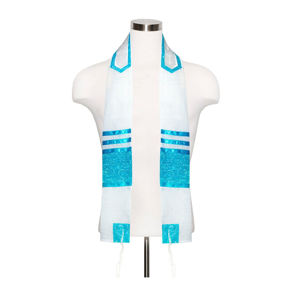 White Chiffon with Turquoise Ribbons Tallit Set