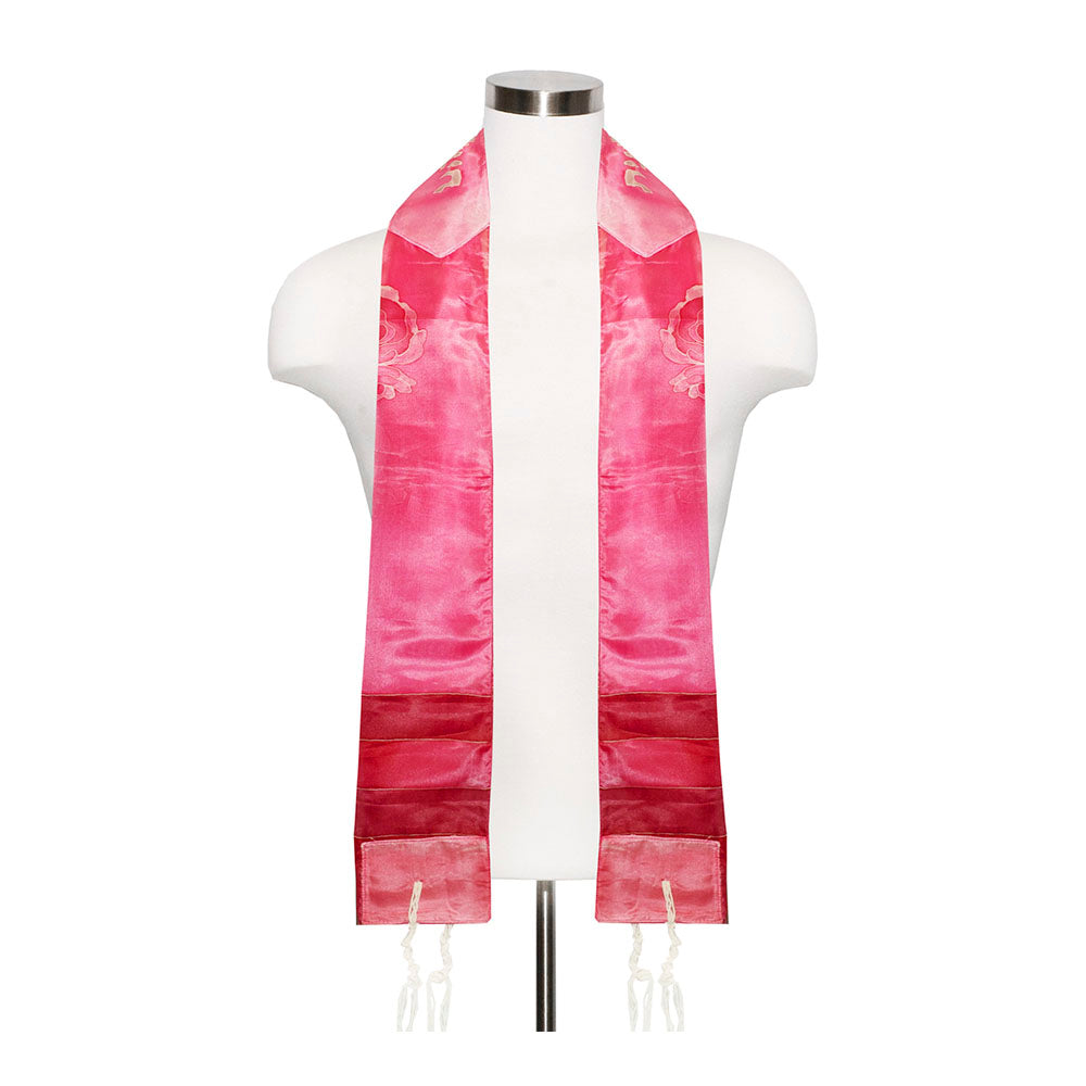 Tallit Set Handpainted Silk Pink Flowers - Stained
