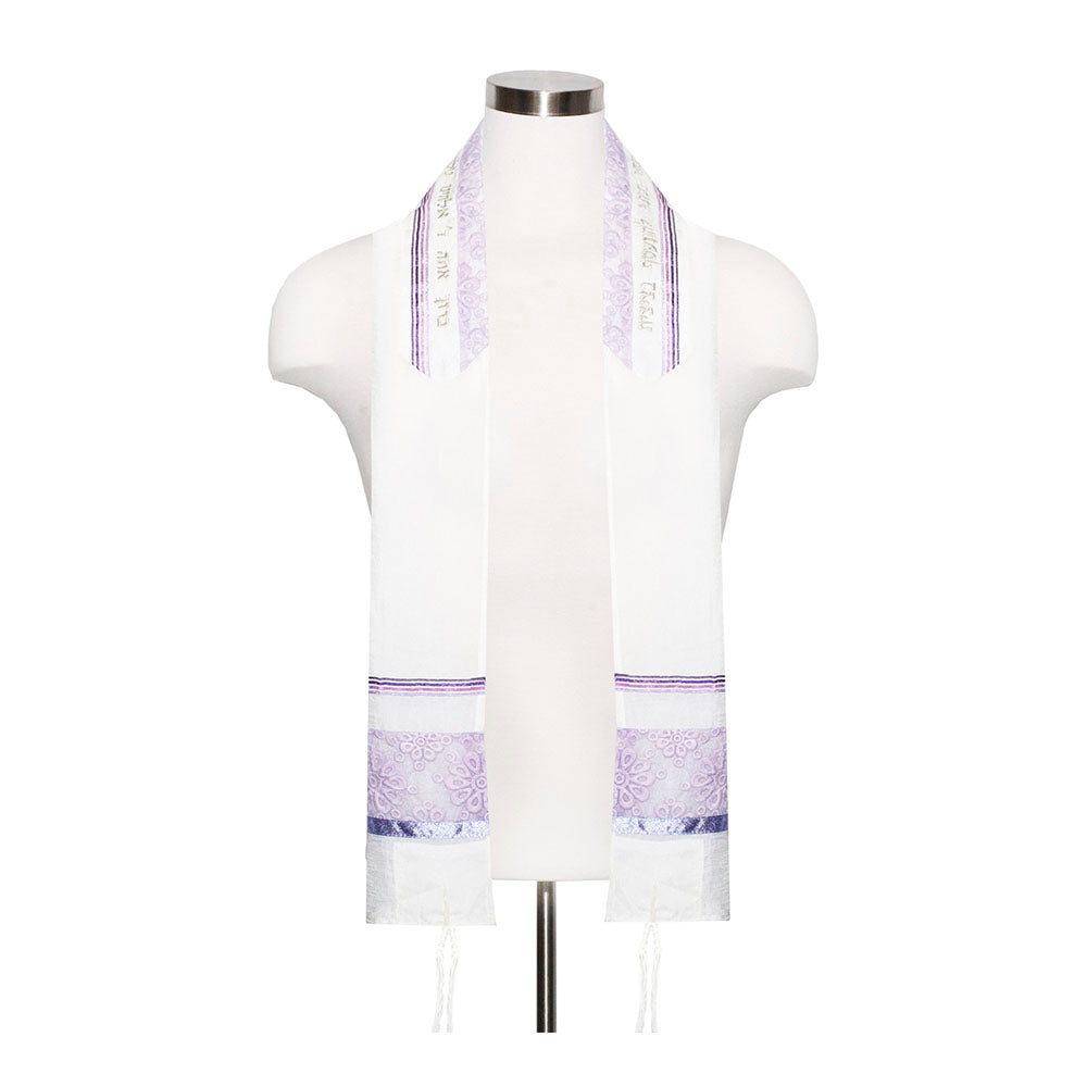 Sheer Ivory with Purple Flower Lace Tallit Set