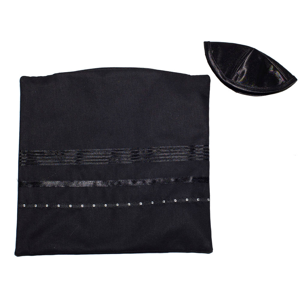 Black and White Striped Wool Tallit Set