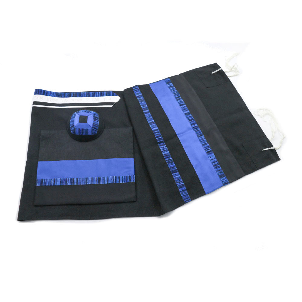 Black Tzfat (Black with Blue Jagged Stitch Satin) Tallit Set