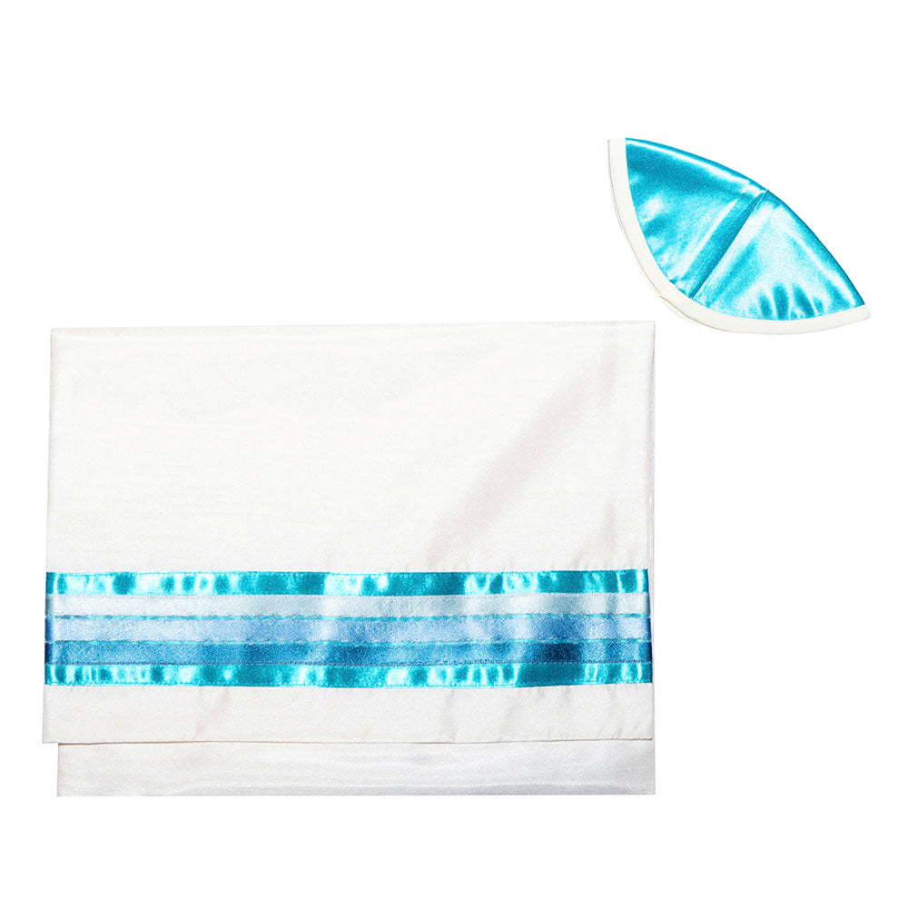 Turqoise and Blue Tones on Ivory Tallit Set