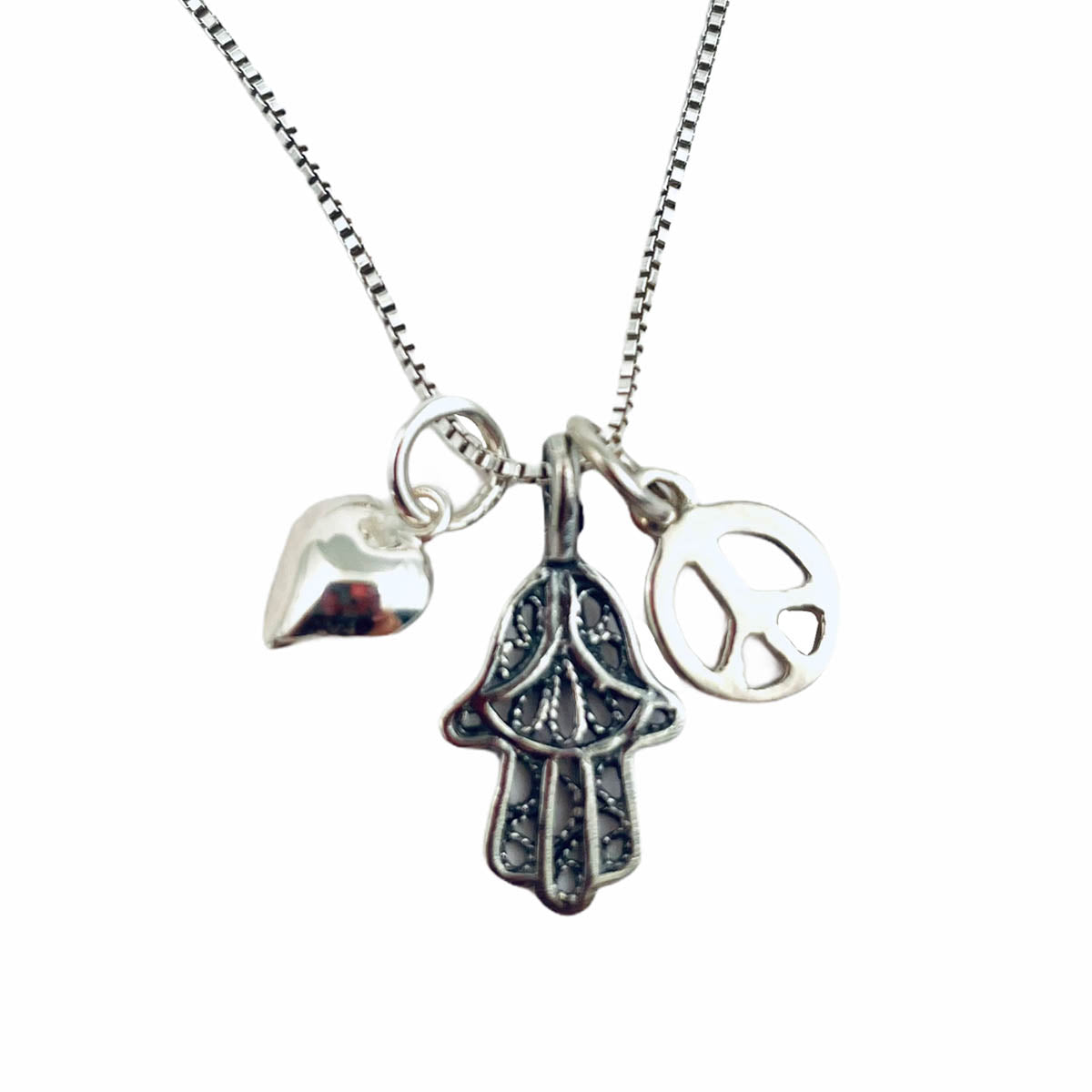 Hamsa, Heart, and Peace Symbol Necklace