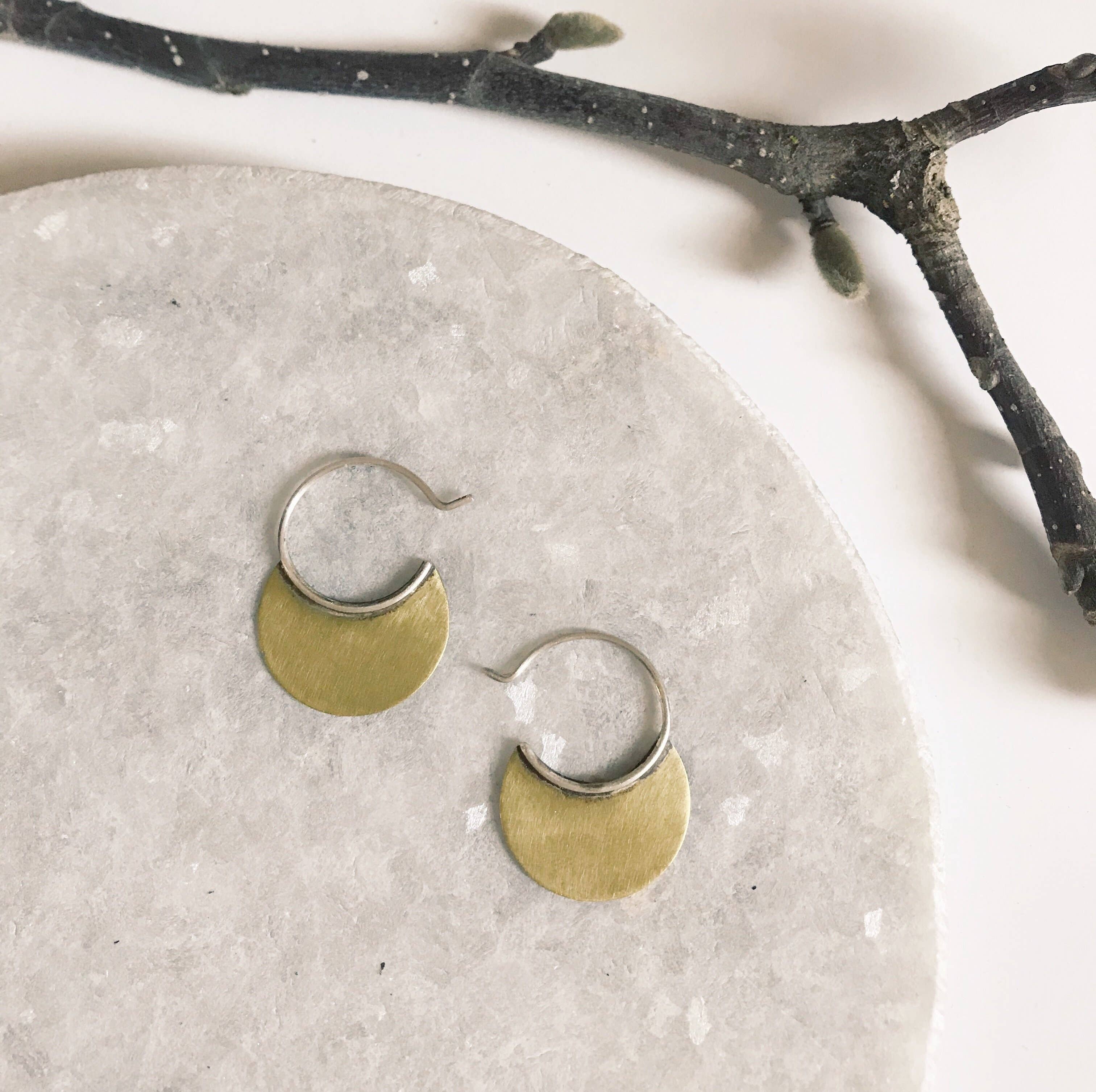 Tiny Brass Disc Circle Sterling Hoop Earrings