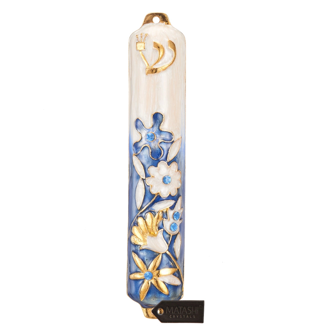 Blue and Ivory Enamel Flower Mezuzah