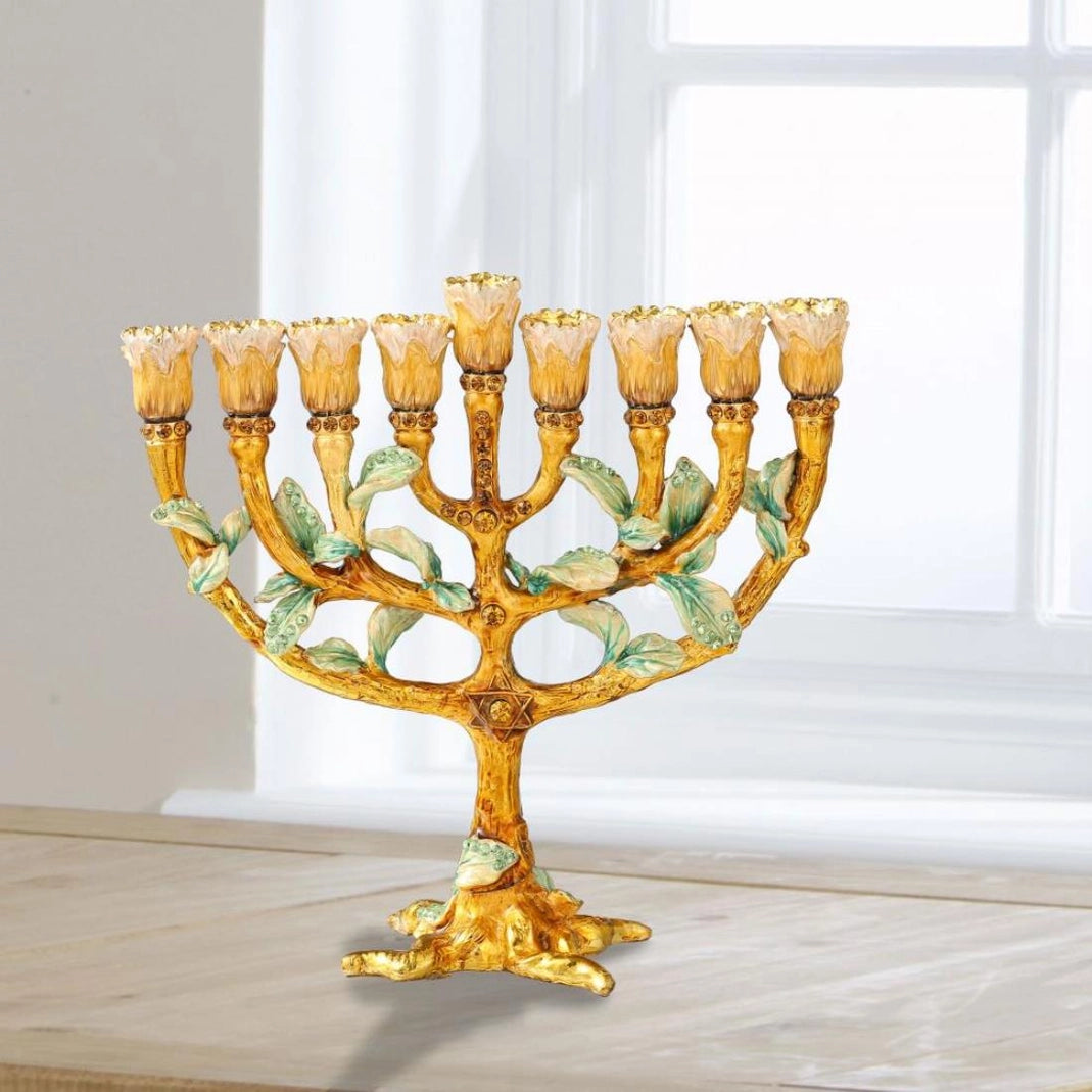 Tree and Flower Buds Hand Painted Enamel Hanukkiah