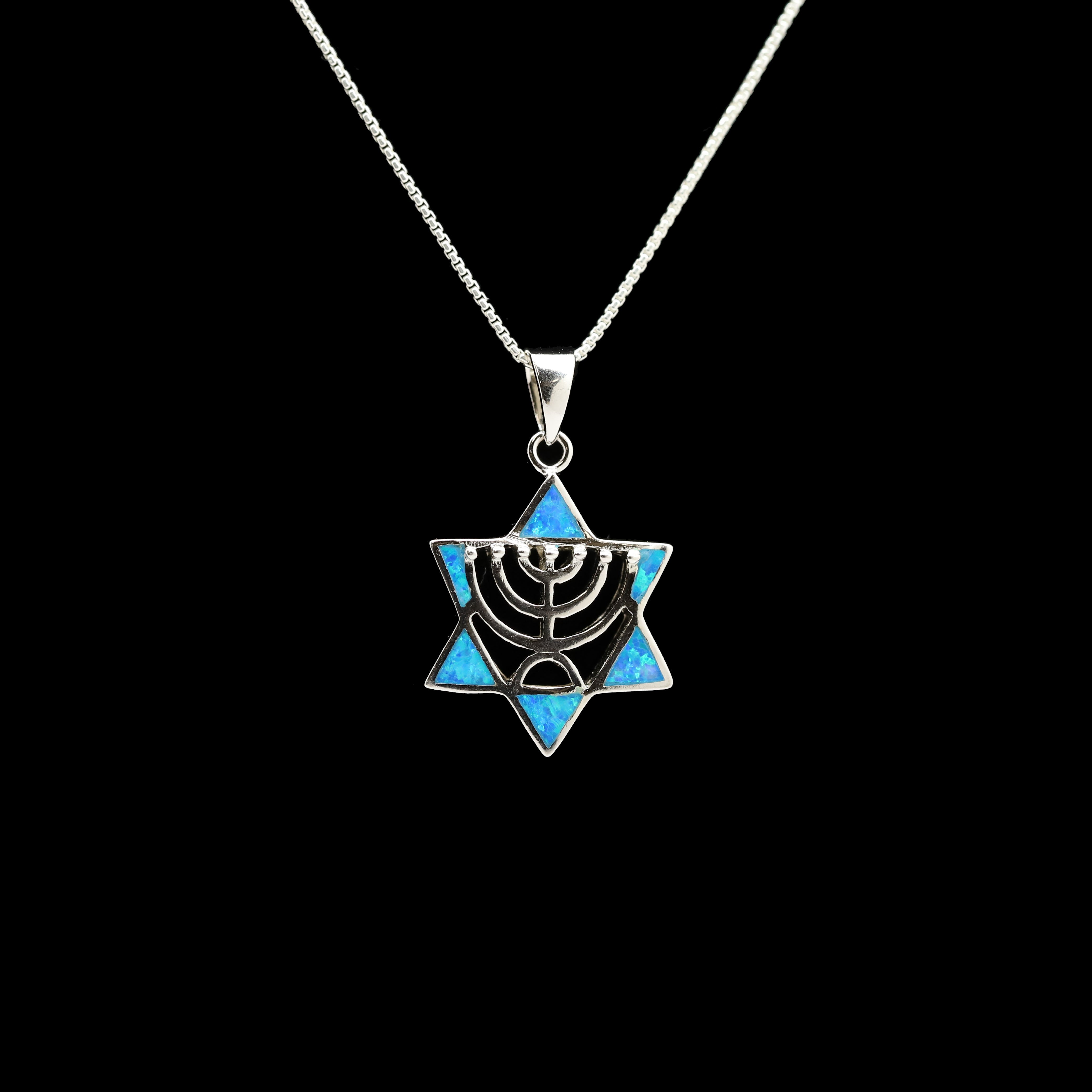 Sterling Opal Menorah Centered Star of David Necklace