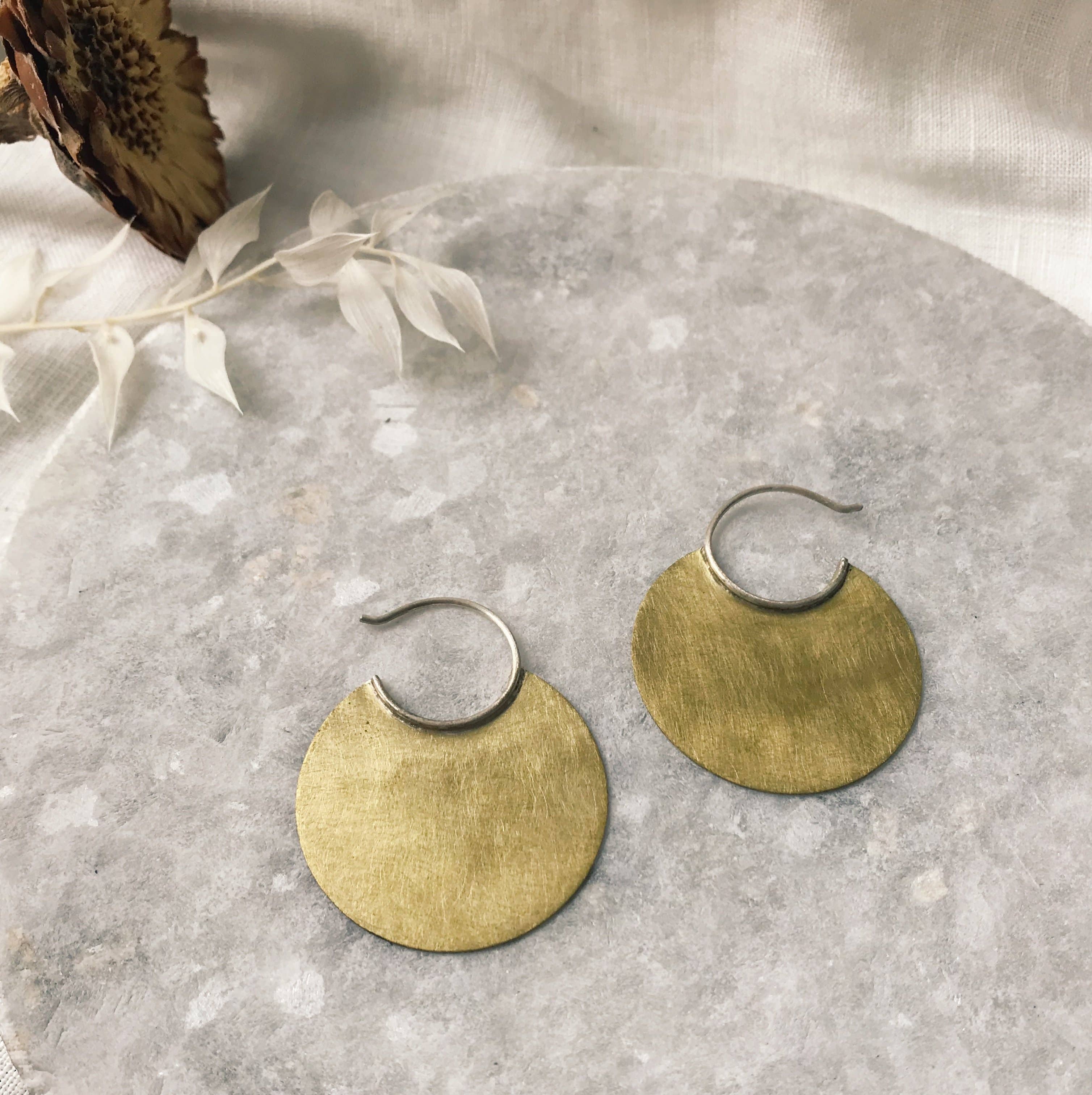 Brass Disc Earrings with Sterling Hoops