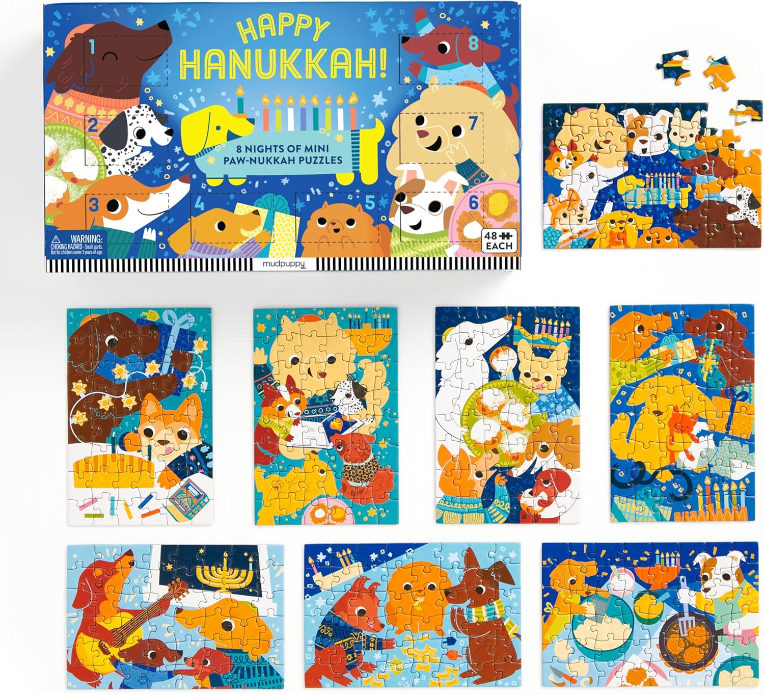 Mudpuppy Happy Hanukkah! – 8 Days of Puzzles Featuring 8 Paw-Some 48 Piece Mini Jigsaw Puzzles of Adorable Puppies Celebrating Hanukkah!
