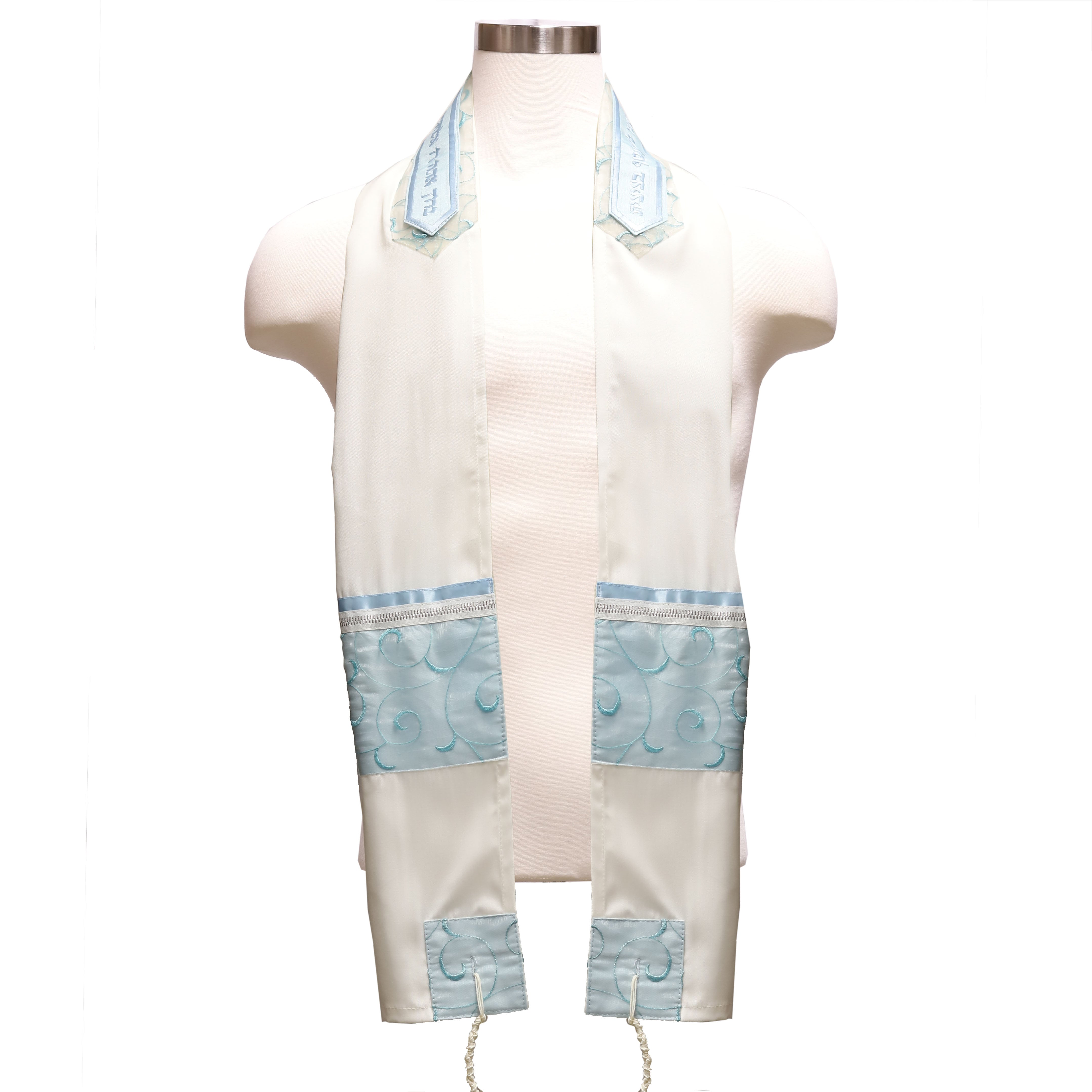 Tallit Set Light Blue Spiral on Brushed Cotton