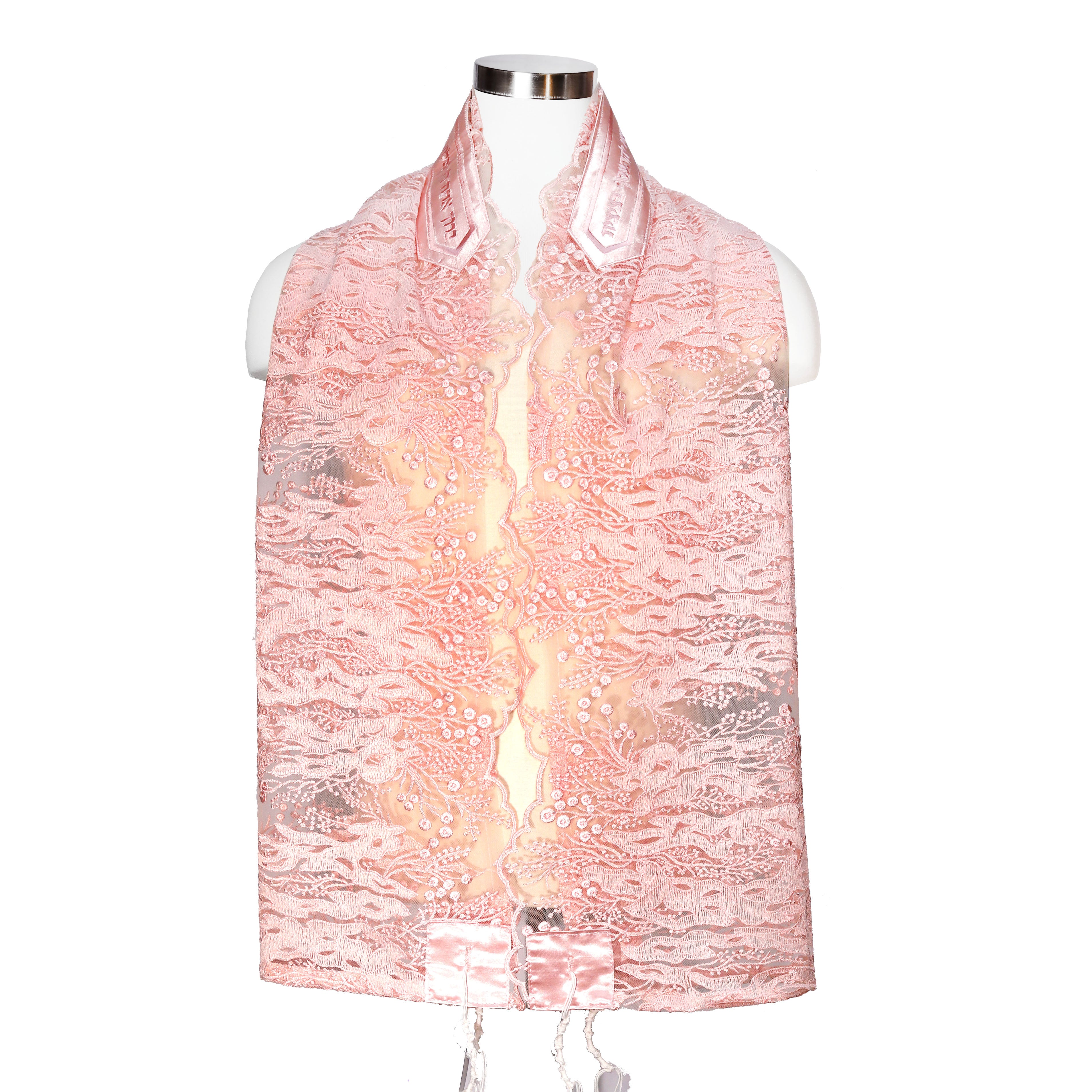 Tallit Set Pink Embroidery on Sheer