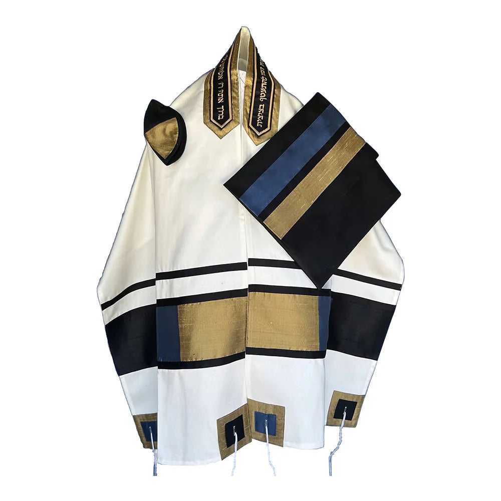Tallit Set with Square Style Blue & Gold