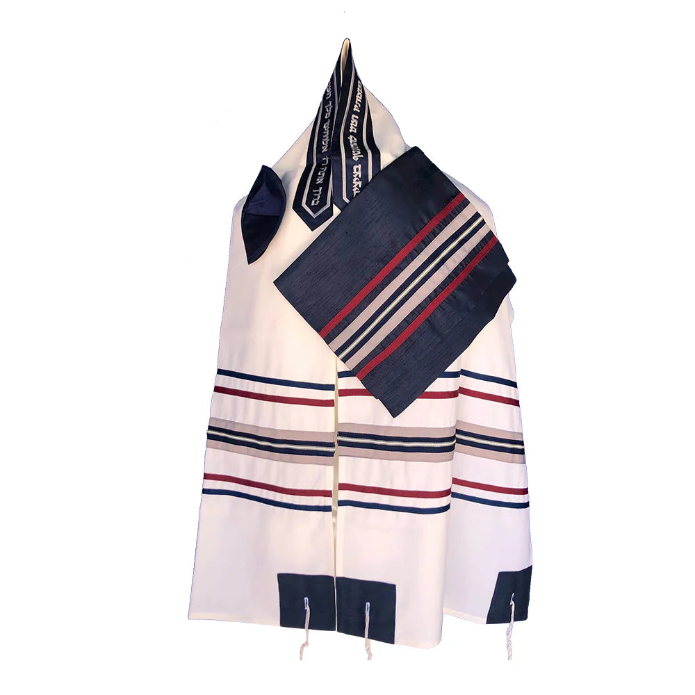 Tallit Set Blue, Red and Silver Stripes