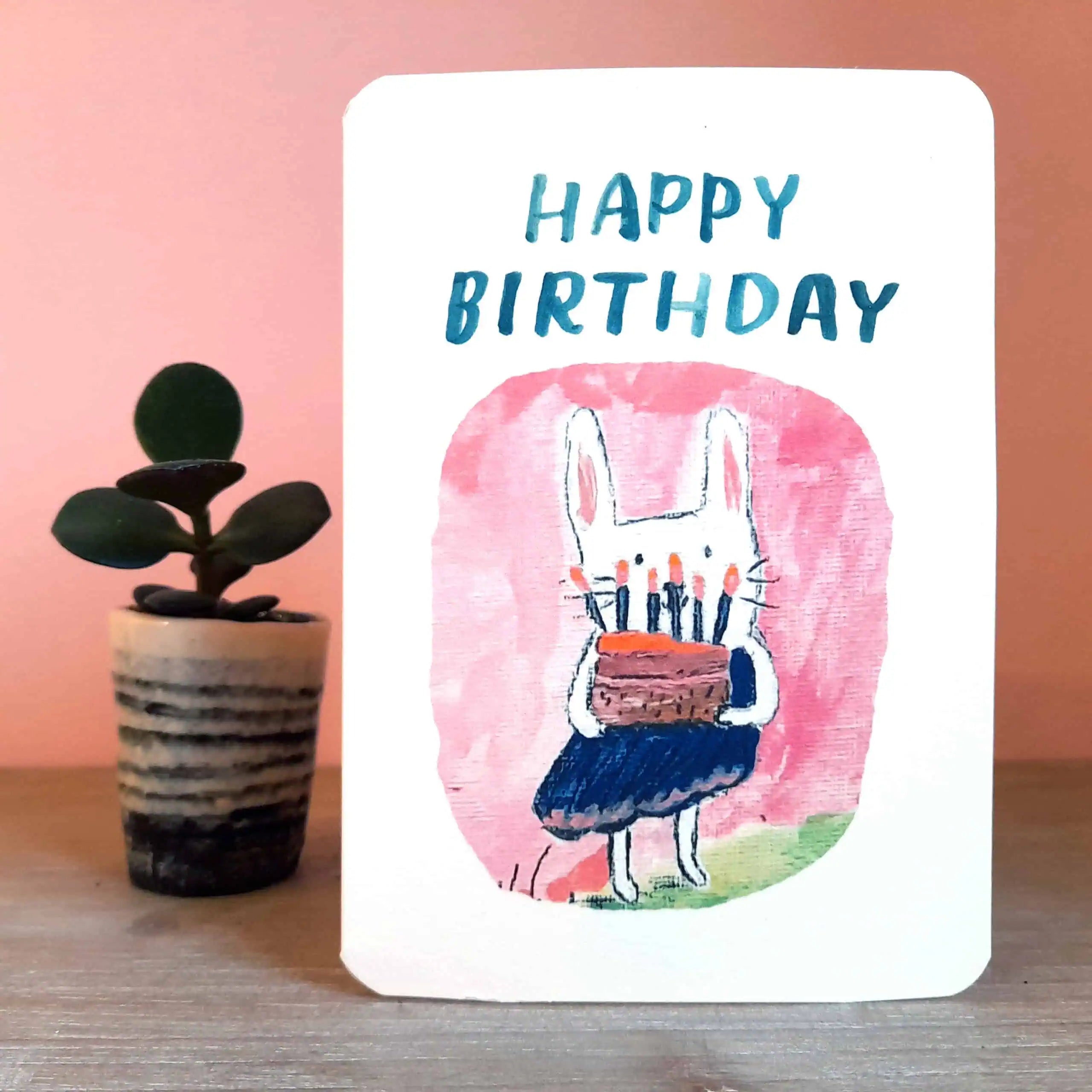 Bunny Hill and Cake Birthday Greeting Card