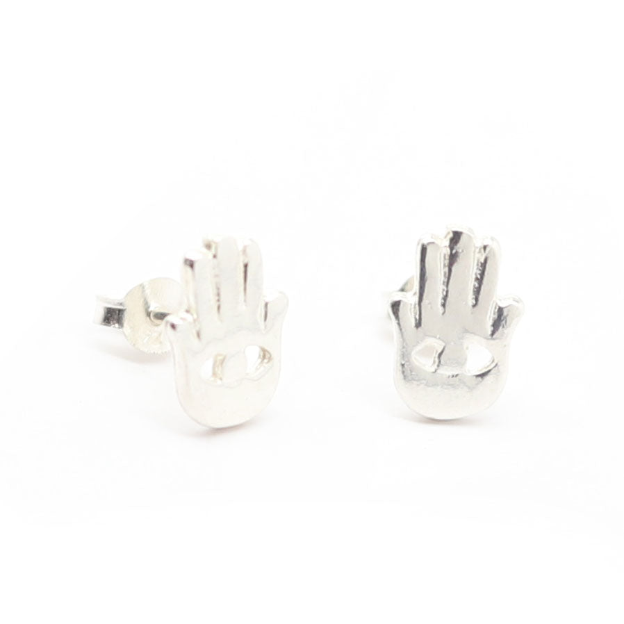 A pair of sterling silver Hamsa hand stud earrings on a clean white background.
