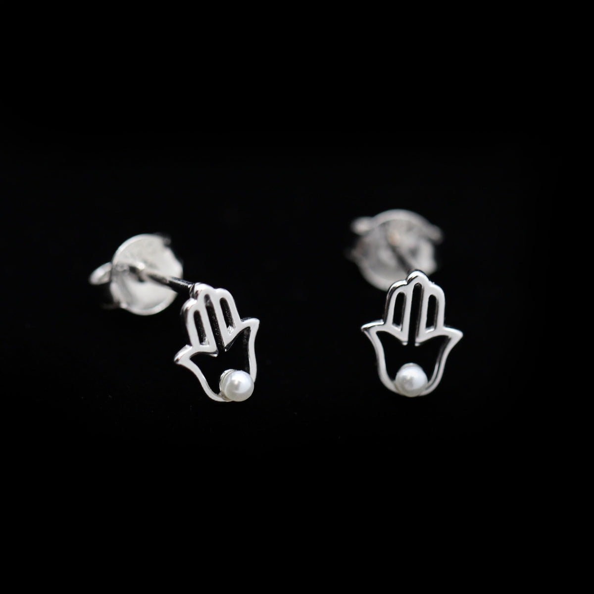 Sterling Hamsa and Pearl Stud Earrings