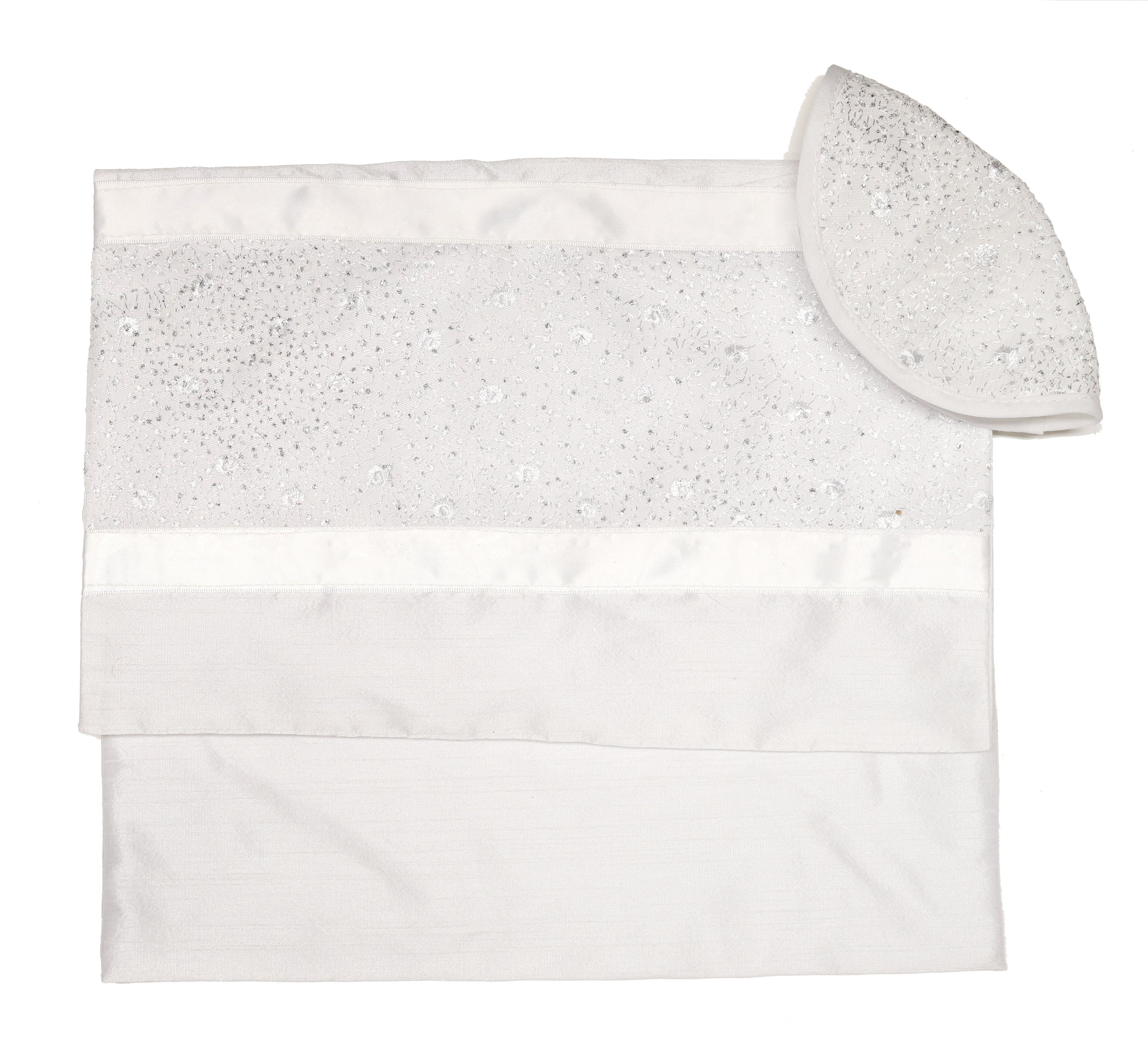 Tallit Set White Flower & Sparkle Silver