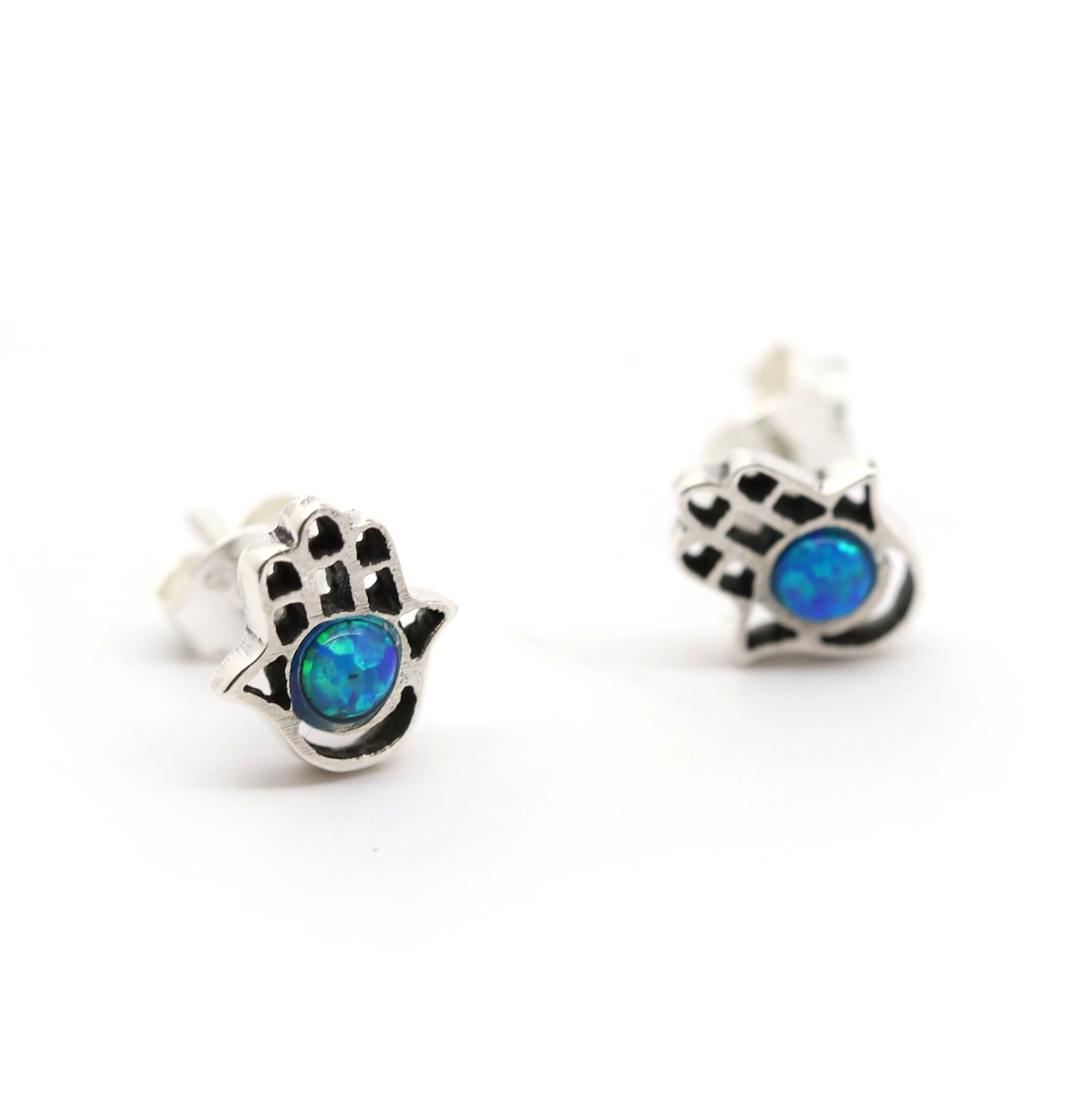 Hamsa and Opal Sterling Stud Earrings