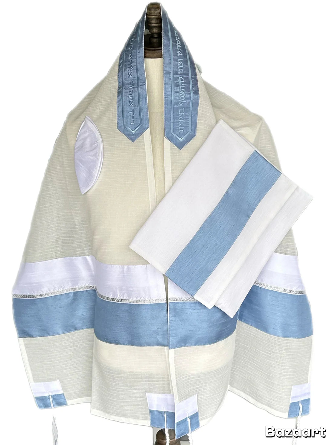 Tallit Set White Chiffon with Silver & Light Blue