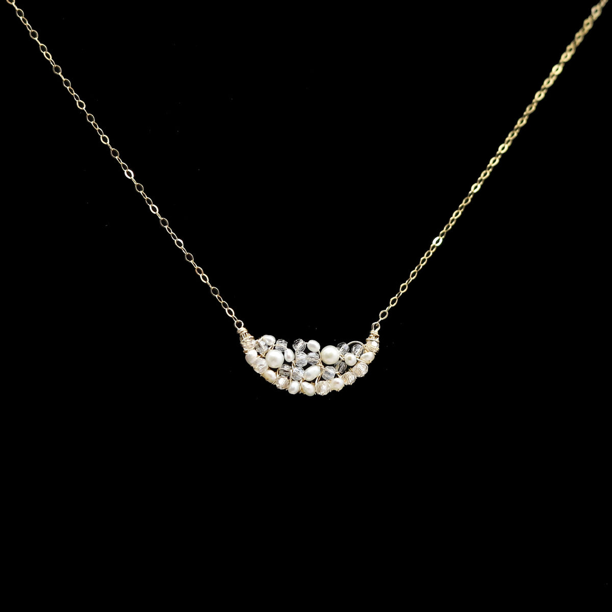 Semi Circle Pearls and Crystal Cluster Necklace