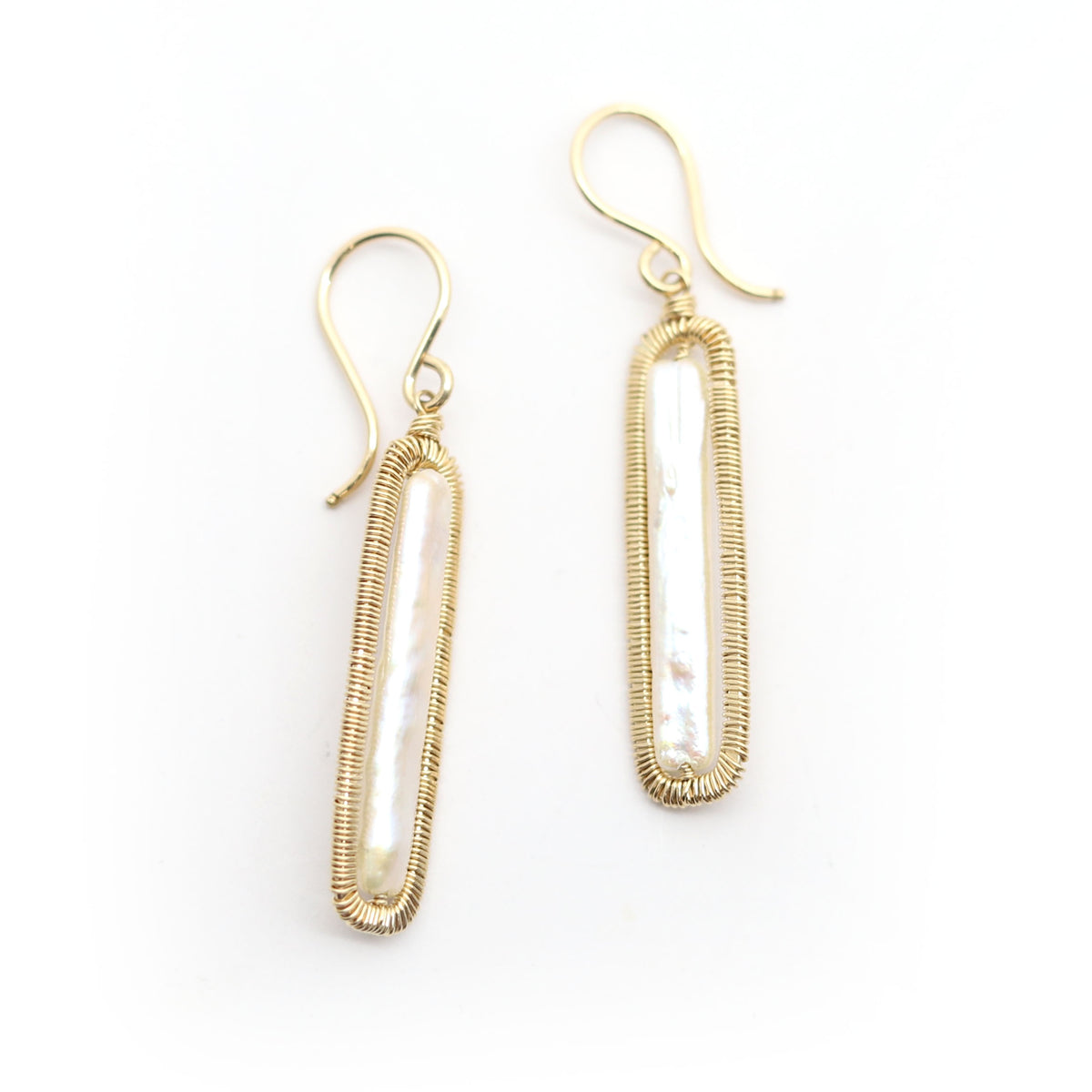 Wire Wrapped Bar Pearl Bead Earrings
