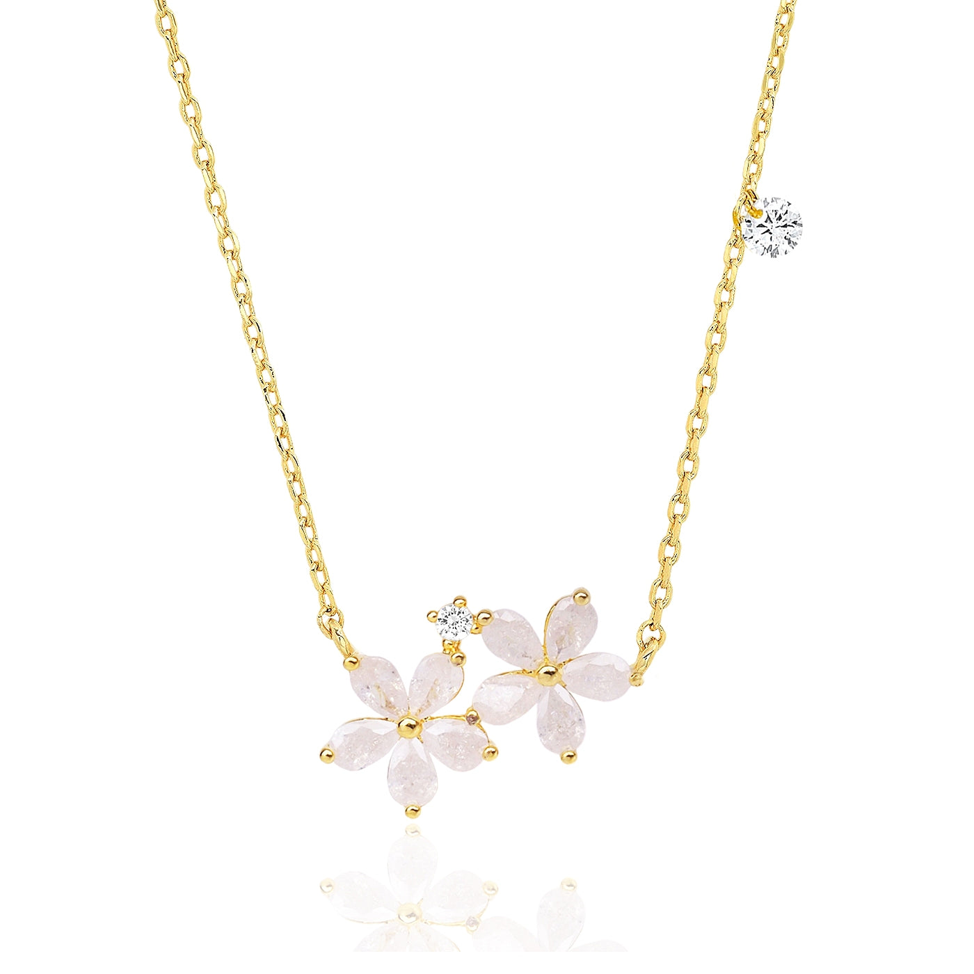 Double White Stone Flower and CZ detail Necklace
