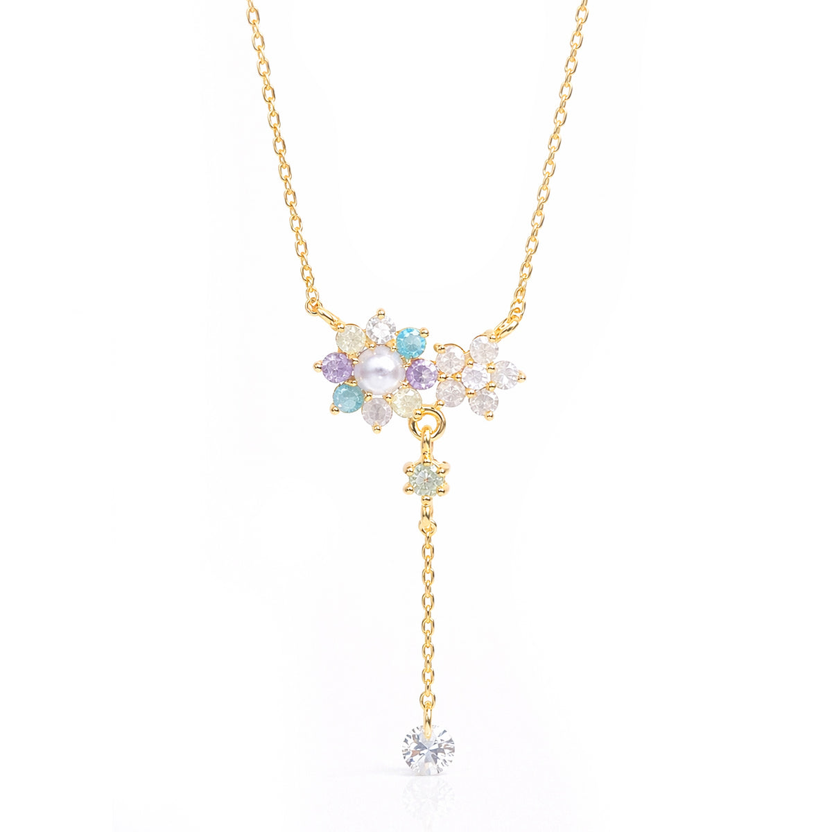 Pastel Pearl Flower and CZ "Y" Necklace