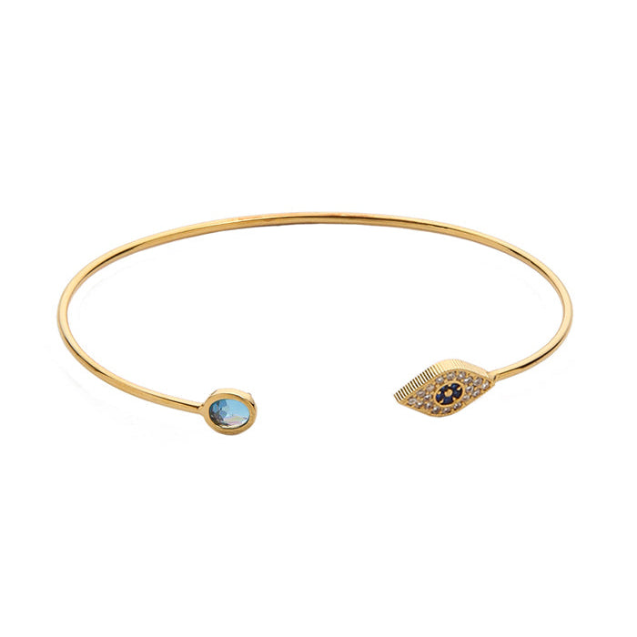 Gold Cz Evil Eye Open Bracelet With Mini Tear Shaped Glass