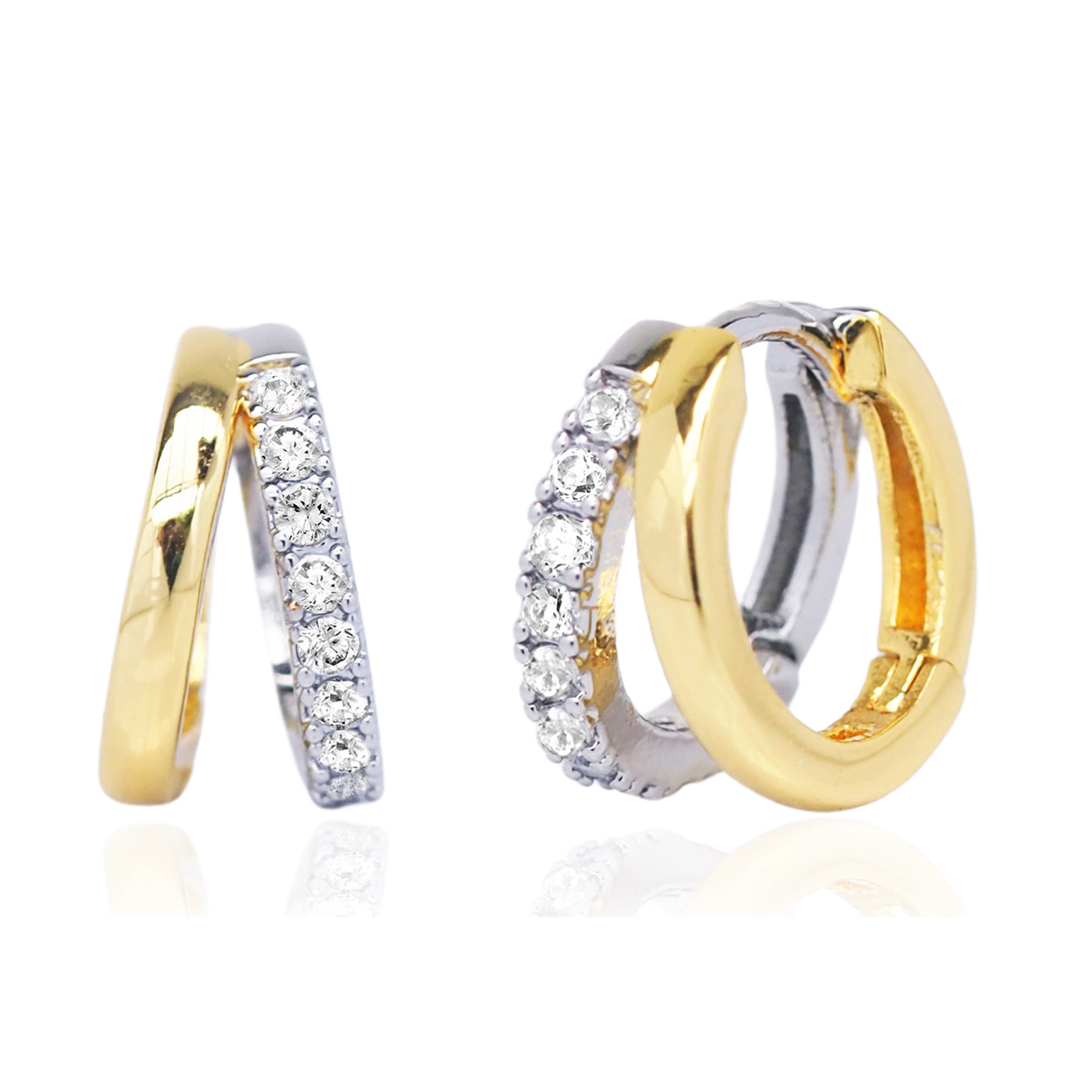 Two Tone Silver Pave' and Gold Click Huggies Earrings