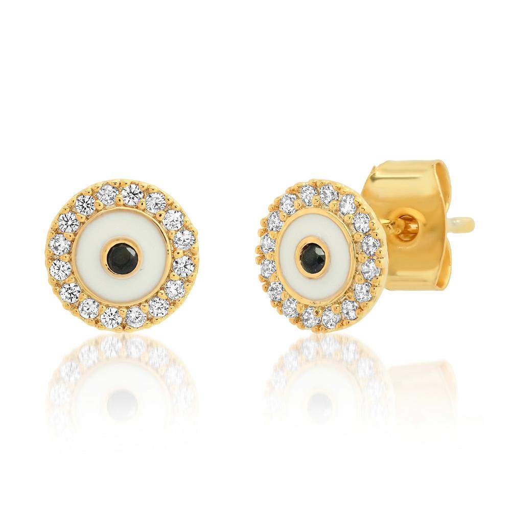 Round Enamel Evil Eye Studs with Pave Accents