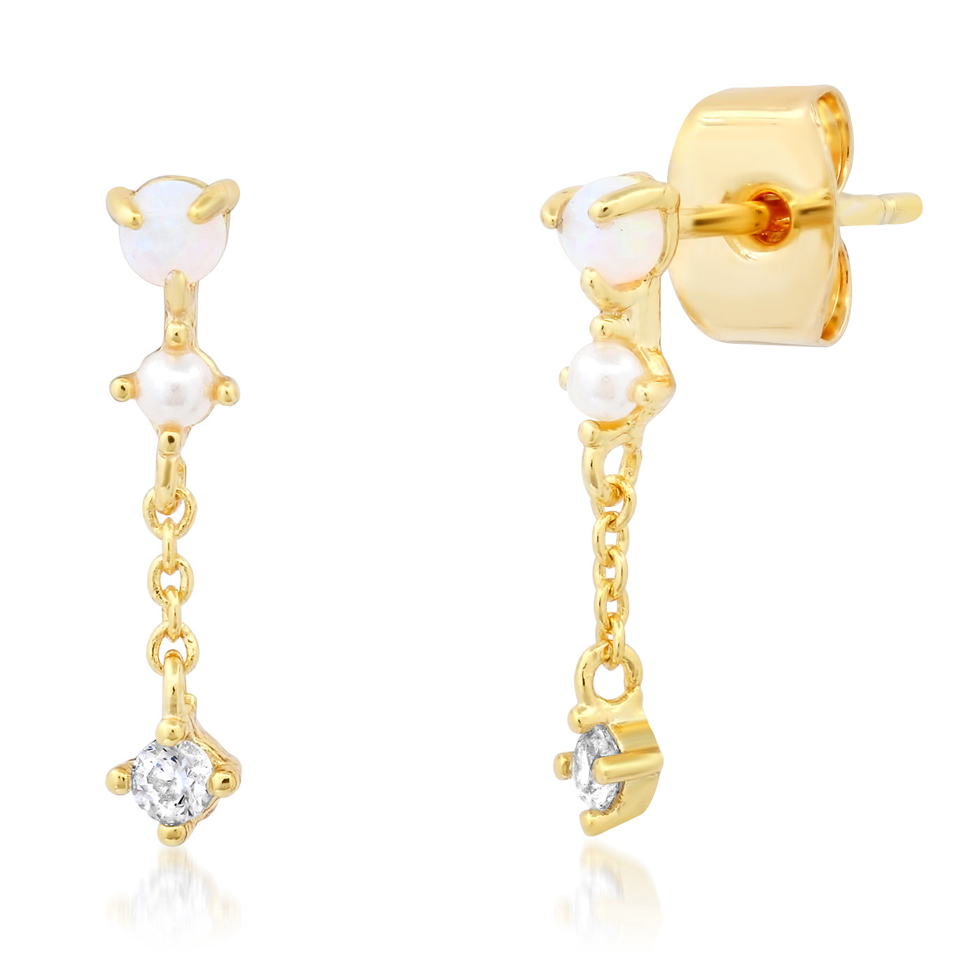 Opal Studs with CZ Chain Dangle Earrings