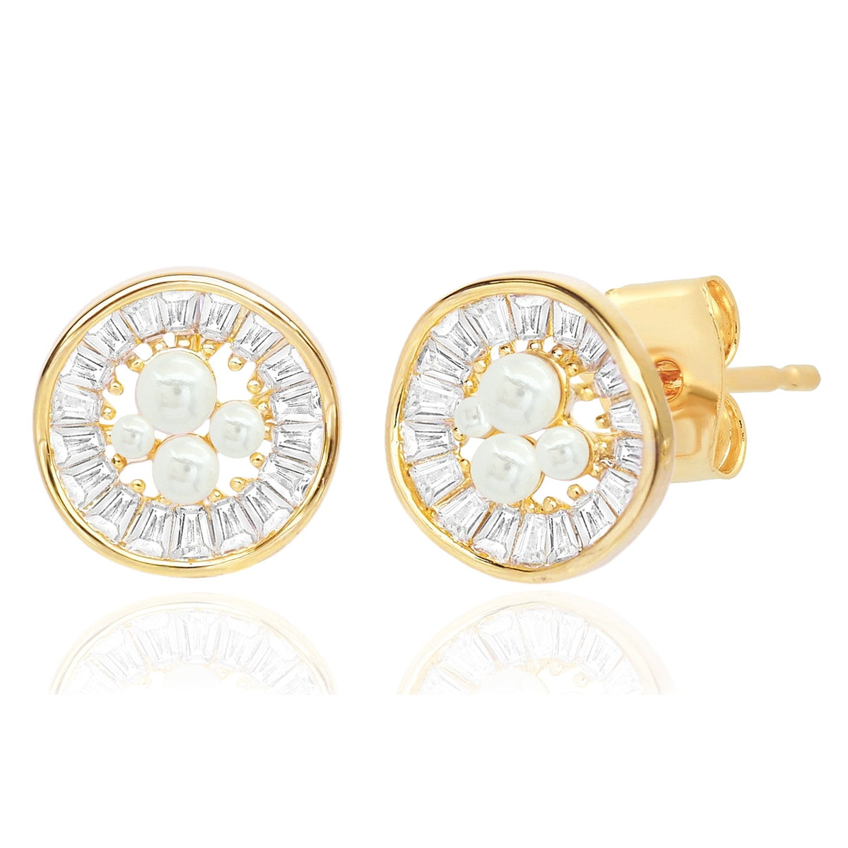 Baguette CZ and Pearl Nest Stud Earrings