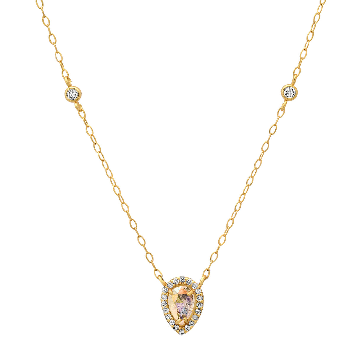 Bezel Set Glass Pear CZ Station Necklace