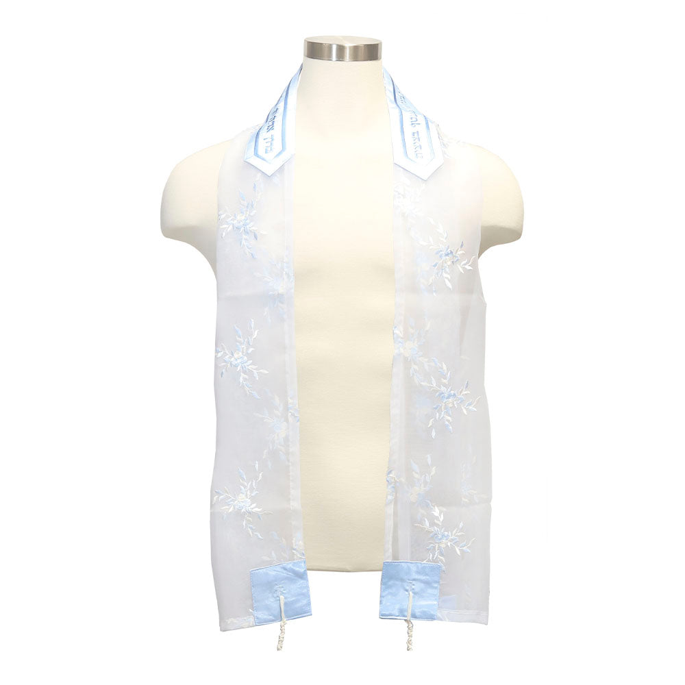 Tallit Set White Organza with Baby Blue Floral