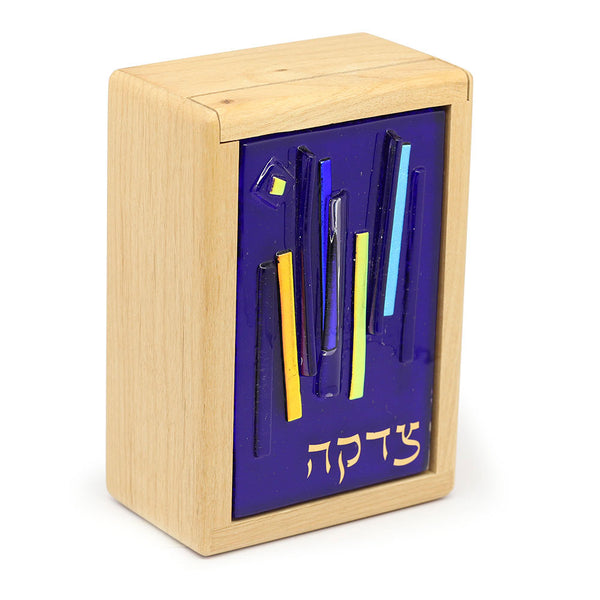 Glass Blue Streamers on Alderwood Tzedakah Box