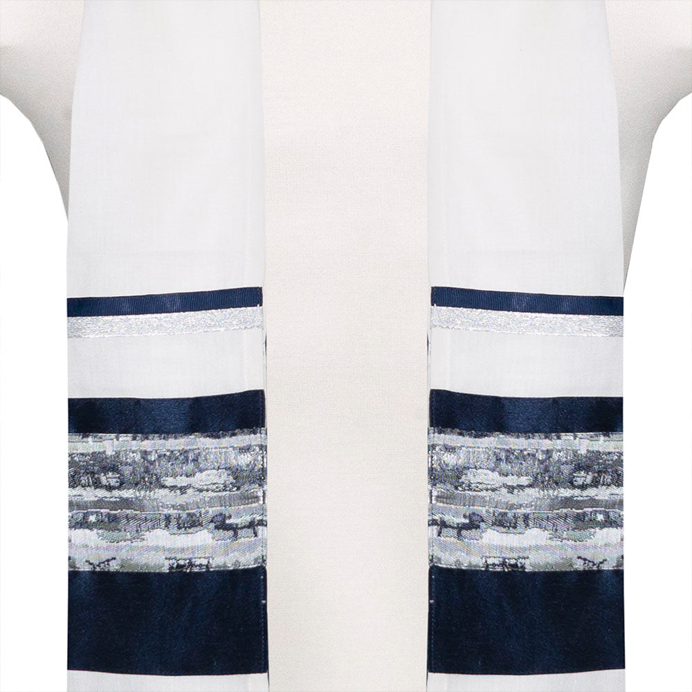 Cream with Navy and Silver Ribbons Tallit Set