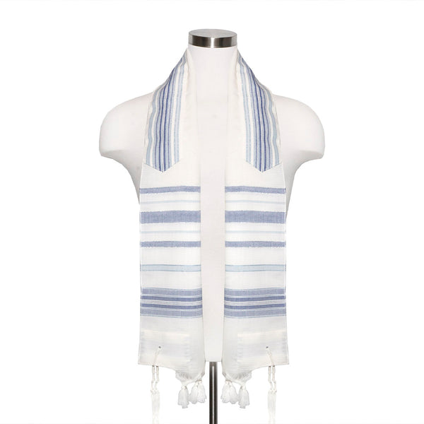 Tallit with Denim Blue Details on Ivory Wool