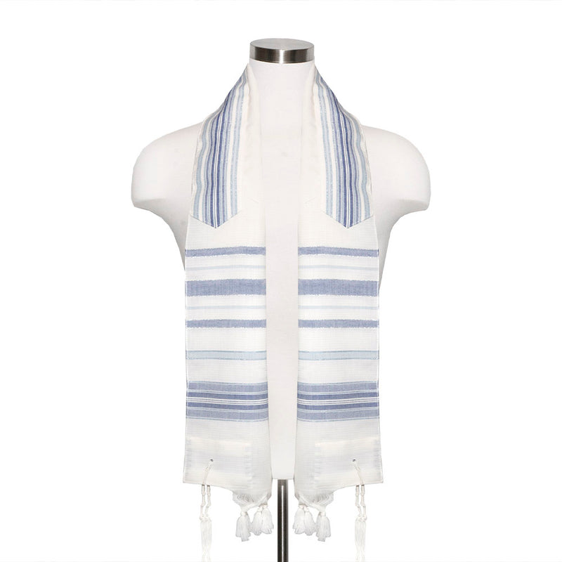 Tallit with Denim Blue Details on Ivory Wool