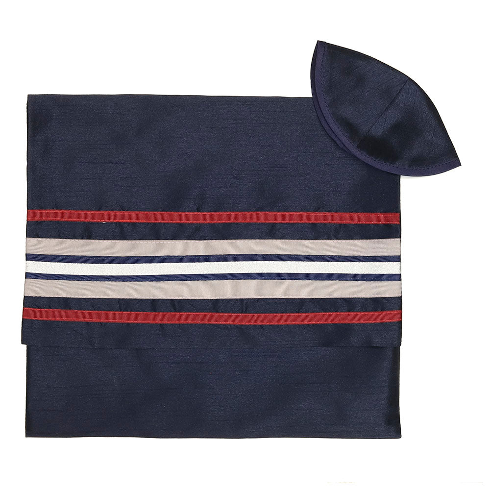 Tallit Set Blue, Red and Silver Stripes