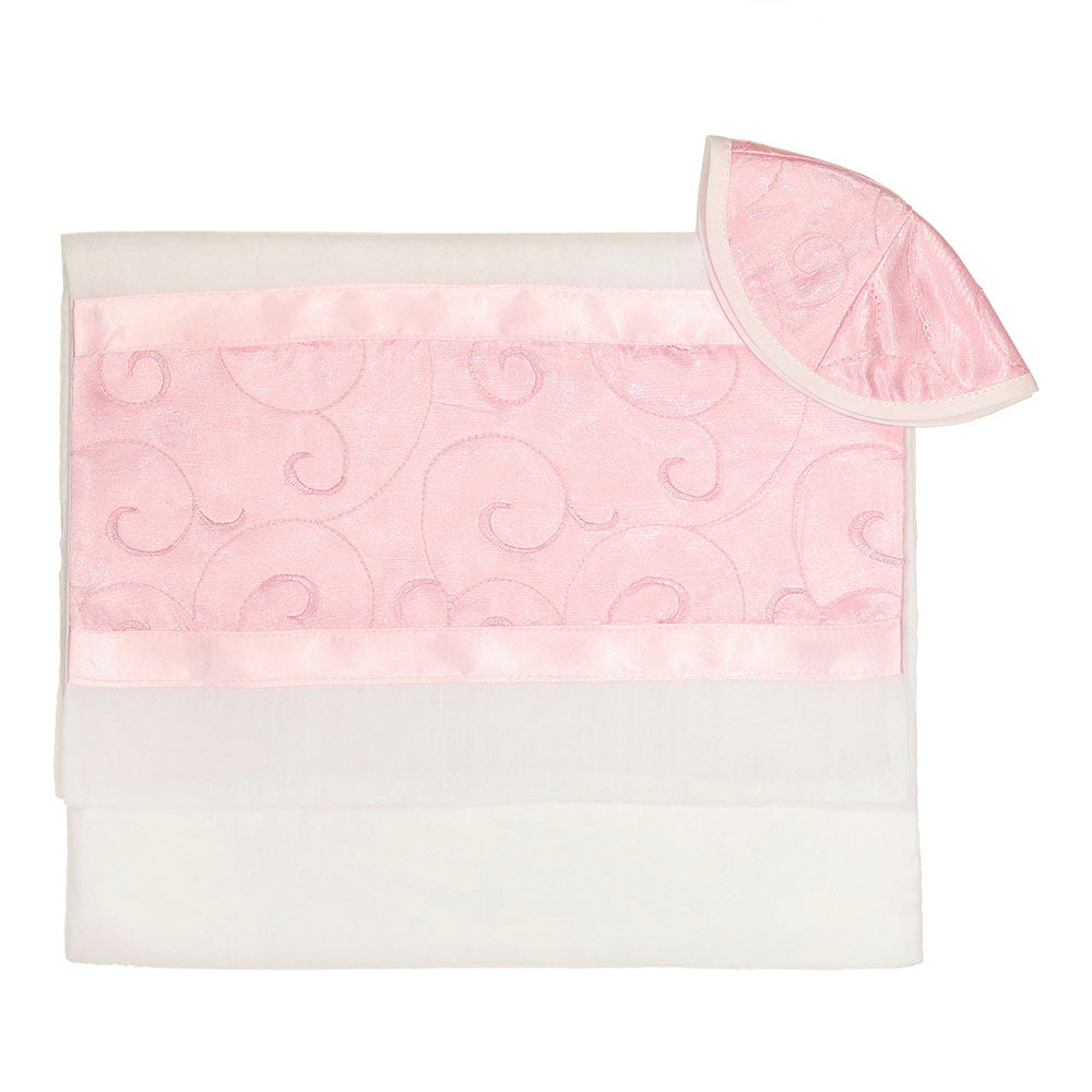 Tallit Set White Chiffon with Pink Spirals