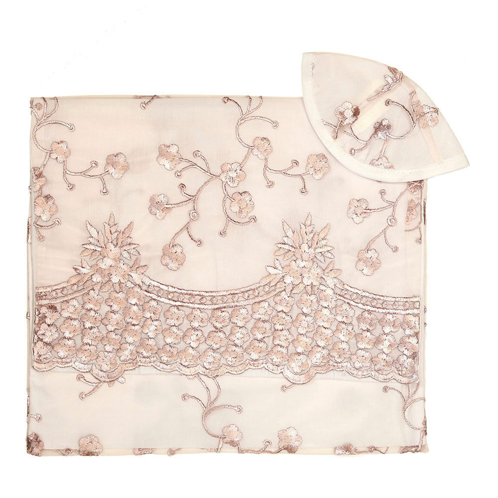 Tallit Set Chiffon with Mauve Embroidered Flower
