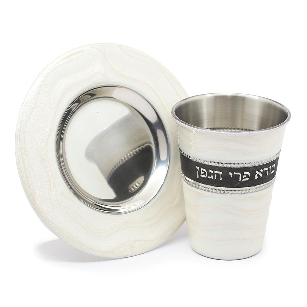 Kiddush Cup and Plate Set- White Enamel