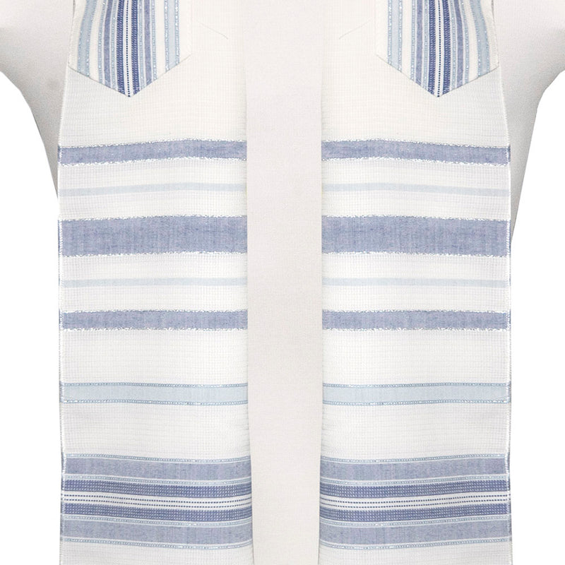 Tallit with Denim Blue Details on Ivory Wool